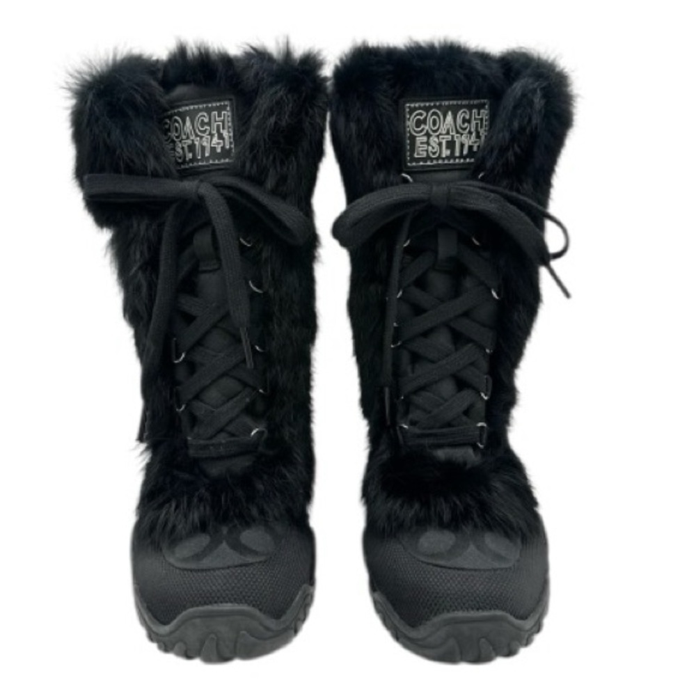 COACH Jennie Black Monogram Rabbit Fur Trim Lace Up Winter Snow Boots size 11 - Picture 14 of 15